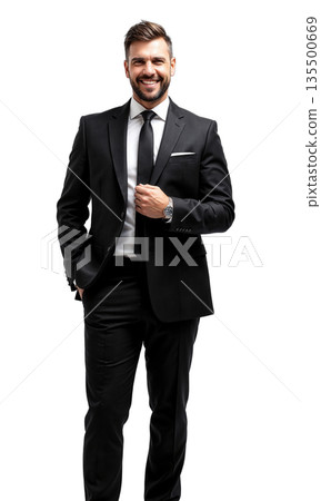 A visionary male CEO in a polished black suit, standing before rising financial charts, symbolizing his role in identifying emerging 135500669