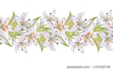 Watercolor illustration of a seamless horizontal border with white lily flowers and green leaves. 135500746
