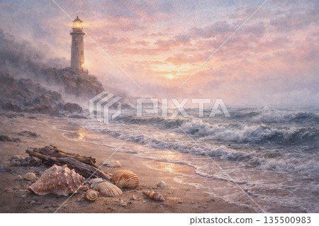 一幅描繪絕美海灘的插圖,展現了日出時的海面、燈塔和被海浪沖上岸的貝殼。 一幅描繪絕美海灘的插圖,展現了日出時的海面、燈塔和被海浪沖上岸的貝殼。 135500983