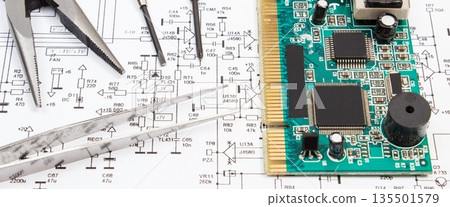 Printed circuit board, precision tools and diagram of electronics. Technology Printed circuit board, precision tools and diagram of electronics. Technology 135501579