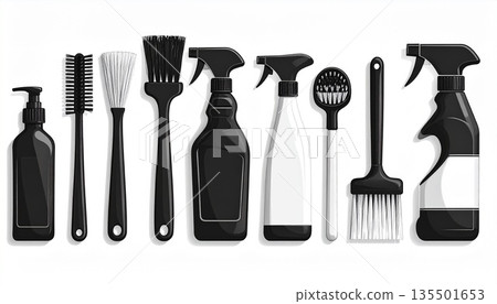 時尚的黑白清潔工具系列。適用於家事服務、衛生管理、春季大掃除等場合的概念宣傳資料。 時尚的黑白清潔工具系列。適用於家事服務、衛生管理、春季大掃除等場合的概念宣傳資料。 135501653