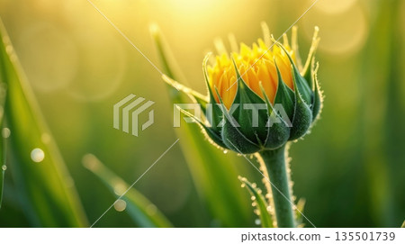 A close-up of a budding yellow flower surrounded by green grass. The background is softly blurred with warm sunlight illuminating the scene. A close-up of a budding yellow flower surrounded by green grass. The background is softly blurred with warm sunlight illuminating the scene. 135501739
