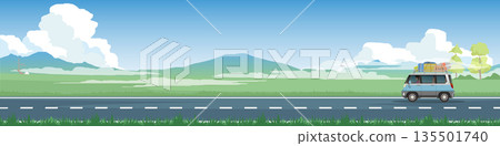 Vector illustration of travels van car with luggage on the roof rack and driving man for banner. Asphalt road near the meadow with wisps of mist and mountain under clear sky. Copy Space Flat Vector. 135501740