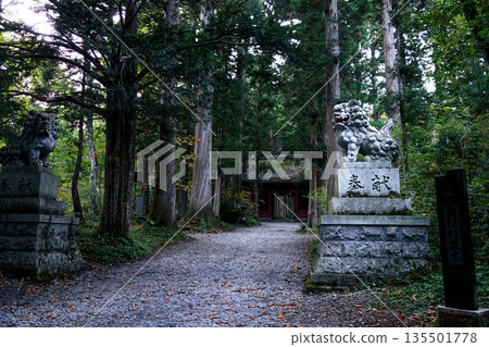 通往戶隱神社的靜謐小徑,以及從水神門望去的守護獅子雕像。 通往戶隱神社的靜謐小徑,以及從水神門望去的守護獅子雕像。 135501778