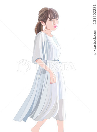 Illustration of a girl wearing a dress and turning around Illustration of a girl wearing a dress and turning around 135502221