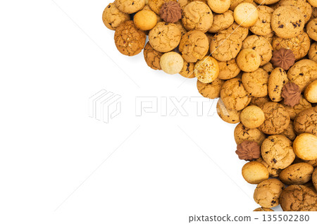 Cookies background frame isolated on white, copy space. Chocolate chips biscuits heap 135502280