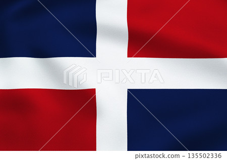 Crisp waving national flag of the Dominican Republic with central coat of arms. 135502336