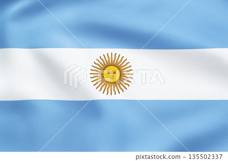 Bright waving national flag of Argentina with sun of May emblem centered. 135502337
