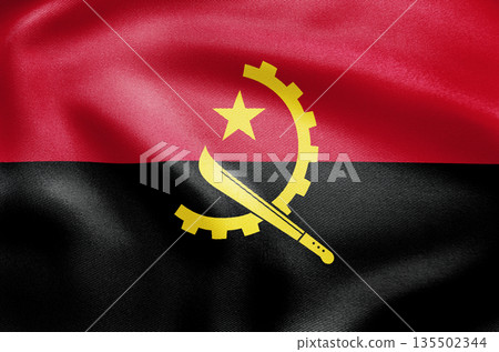 Textured waving national flag of Angola featuring emblem with star and machete. Textured waving national flag of Angola featuring emblem with star and machete. 135502344
