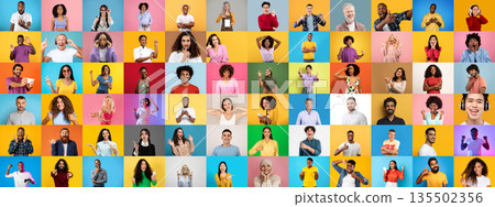 A vibrant collage features a variety of individuals from different backgrounds, displaying their unique expressions and gestures against colorful backgrounds. 135502356