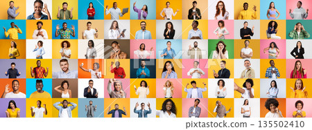 This vibrant collage features a diverse array of people from various backgrounds, each expressing joy and individuality against colorful backdrops. This vibrant collage features a diverse array of people from various backgrounds, each expressing joy and individuality against colorful backdrops. 135502410
