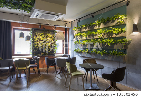 Modern cafe interior style, green eco environmental with plant on wall, coffee shop Modern cafe interior style, green eco environmental with plant on wall, coffee shop 135502450