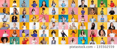 A vibrant collection of portraits featuring multiethnic individuals engaged in different activities. A vibrant collection of portraits featuring multiethnic individuals engaged in different activities. 135502559