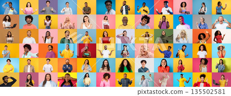A lively collection of diverse individuals showcasing their unique personalities against bright backgrounds. Each portrait captures joy and inclusivity through varied expressions and styles. 135502581