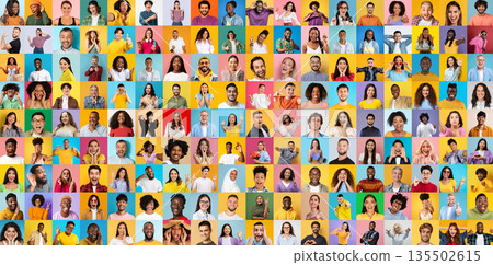 A lively mix of multiracial, multiethnic, and international people faces smiling against a vibrant, multicolored background A lively mix of multiracial, multiethnic, and international people faces smiling against a vibrant, multicolored background 135502615