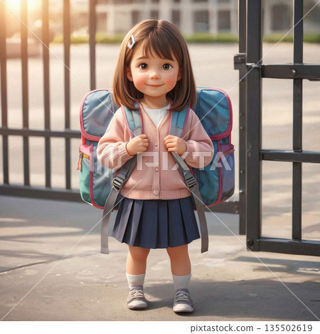 一個可愛的小學生女孩滿懷期待和喜悅地看著我。 135502619