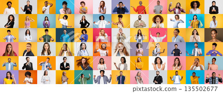 A vibrant collection of portraits presents individuals from diverse backgrounds. Each person displays unique expressions and gestures, highlighting the beauty of unity in diversity. A vibrant collection of portraits presents individuals from diverse backgrounds. Each person displays unique expressions and gestures, highlighting the beauty of unity in diversity. 135502677