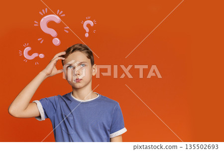 Thoughtful Caucasian teenager searching for creative solution to problem on orange background, collage with question marks. Copy space. Smart ideas and innovative decisions concept 135502693