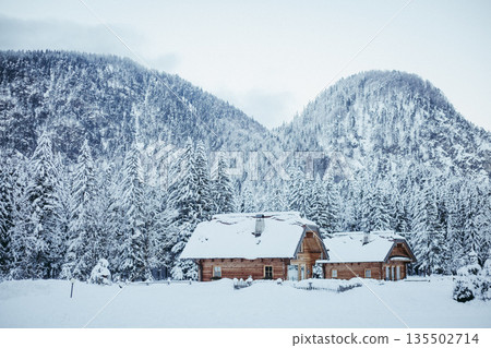 panoramic view of wooden houses against mountains covered by snow panoramic view of wooden houses against mountains covered by snow 135502714