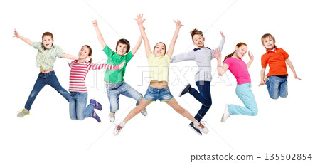 Group of happy, cheerful children jumping at isolated white studio background. Childhood and freedom, active lifestyle concept, copy space Group of happy, cheerful children jumping at isolated white studio background. Childhood and freedom, active lifestyle concept, copy space 135502854