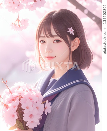 Cherry blossoms, uniforms, the moment of departure, a high school girl holding a bouquet 135502893