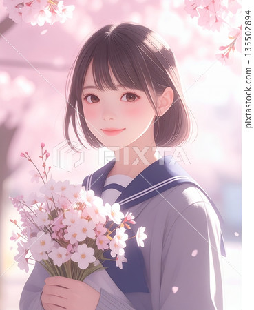 Memories of Graduation Ceremony and the Wind of Cherry Blossoms, High School Girl with a Bouquet Memories of Graduation Ceremony and the Wind of Cherry Blossoms, High School Girl with a Bouquet 135502894