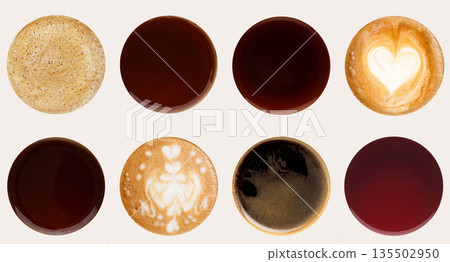 Set of coffee foams isolated on white background. Above view on different cups. Set of coffee foams isolated on white background. Above view on different cups. 135502950