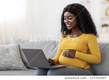 Smiling black pregnant lady using laptop at home, sitting on couch at living room, empty space. Happy african american expecting woman surfing on Internet, reading blog about maternity or shopping 135503007