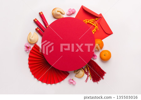 Chinese New Year flat lay white background with assorted festival decorations. Wishing wealth, prosperity and luck, copy space Chinese New Year flat lay white background with assorted festival decorations. Wishing wealth, prosperity and luck, copy space 135503016