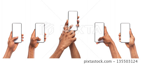 Set of man's hands using smartphone with blank screen, isolated on white background, panorama Set of man's hands using smartphone with blank screen, isolated on white background, panorama 135503124