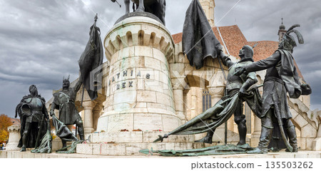 Matthias Rex Monument Close Up with Gothic Church in Cluj-Napoca 135503262
