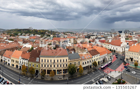 Aerial View of Cluj-Napoca Cityscape with Historic Red Rooftops Aerial View of Cluj-Napoca Cityscape with Historic Red Rooftops 135503267