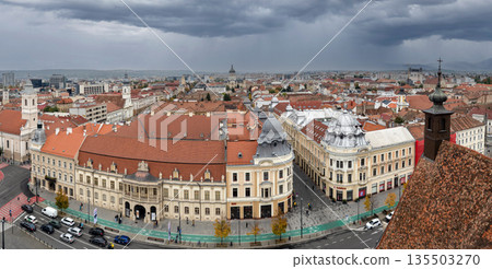 Aerial View of Cluj-Napoca Cityscape with Historic Red Rooftops Aerial View of Cluj-Napoca Cityscape with Historic Red Rooftops 135503270