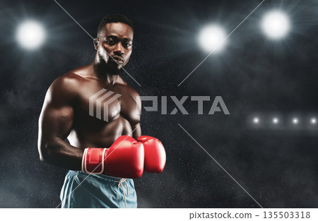 African boxer staying on stadium boxing ring, wearing red gloves, looking at camera concentrated, empty space 135503318
