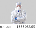 Coronavirus epidemic control concept. Asian man in protective suit, glasses and gloves with crossed arms 135503365