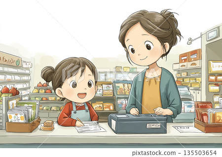 Parents and children watching over their first errand | Shopping experience illustration learning at the cash register 135503654