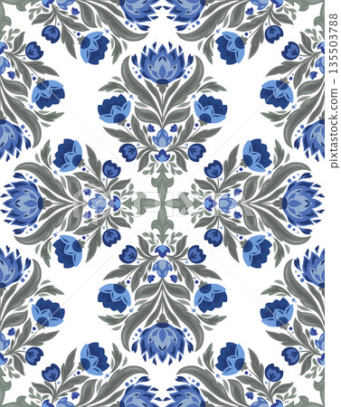 Vector kaleidoscope pattern with folk style flowers on white background. Circular bloom ornament. Decorative texture with blue flowers and leaves 135503788