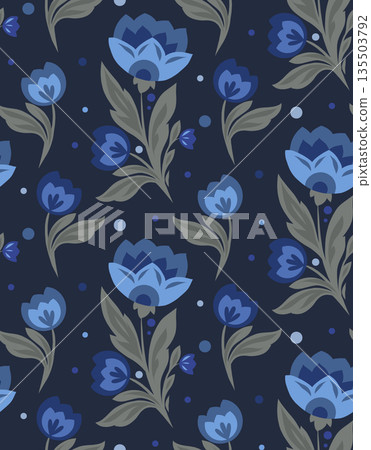 Vector pattern with blue flowers, dots and green leaves on dark background. Rustic folk art floral texture Vector pattern with blue flowers, dots and green leaves on dark background. Rustic folk art floral texture 135503792