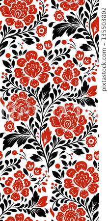 Vector decorative seamless floral pattern. Ornamental Slavic texture with red flowers and black foliage on white background Vector decorative seamless floral pattern. Ornamental Slavic texture with red flowers and black foliage on white background 135503802