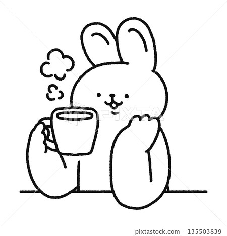A cute rabbit taking a break while drinking coffee Line drawing A cute rabbit taking a break while drinking coffee Line drawing 135503839