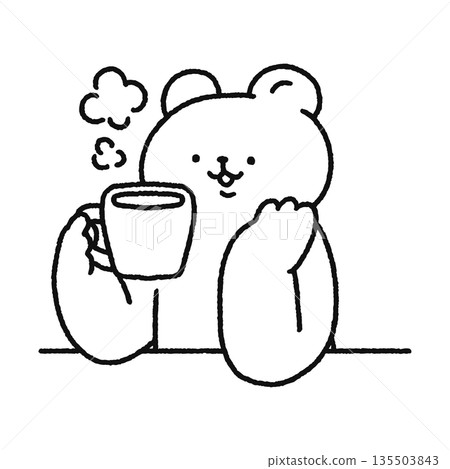 A cute bear taking a break and drinking coffee - line drawing A cute bear taking a break and drinking coffee - line drawing 135503843
