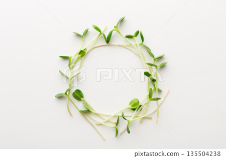 Tender arugula micro greens wreath isolated on white background. Eating right concept. Fresh garden produce organically grown as a symbol of health and vitamins from nature, top view, copy space 135504238