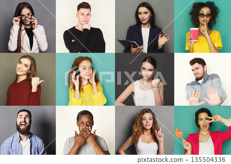 Different emotions collage. Set of male and female emotional portraits. Positive and negative feelings mosaic. Young diverse people grimacing on camera at colorful studio backgrounds Different emotions collage. Set of male and female emotional portraits. Positive and negative feelings mosaic. Young diverse people grimacing on camera at colorful studio backgrounds 135504336