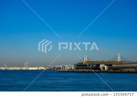 View of the Bay Bridge and clear blue sky from the Red Brick Warehouse View of the Bay Bridge and clear blue sky from the Red Brick Warehouse 135504757