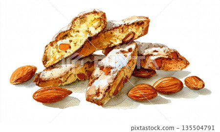 Watercolor almond biscotti cookies with whole almonds scattered isolated on white background 135504791