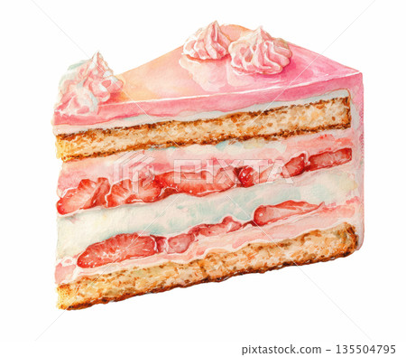 Watercolor delicious slice of strawberry cake with whipped cream and fresh berries isolated on white background Watercolor delicious slice of strawberry cake with whipped cream and fresh berries isolated on white background 135504795