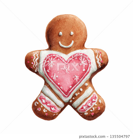 Watercolor Christmas gingerbread cookie with white icing and pink heart caramel isolated on white background 135504797