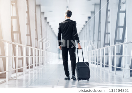Rear view of tall businessman in stylish suit walking by airport terminal, carrying luggage, copy space. Unrecognizable entrepreneur arrived at airport, having business conference abroad Rear view of tall businessman in stylish suit walking by airport terminal, carrying luggage, copy space. Unrecognizable entrepreneur arrived at airport, having business conference abroad 135504861