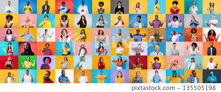 A vibrant collection of portraits featuring diverse individuals expressing various emotions. 135505198