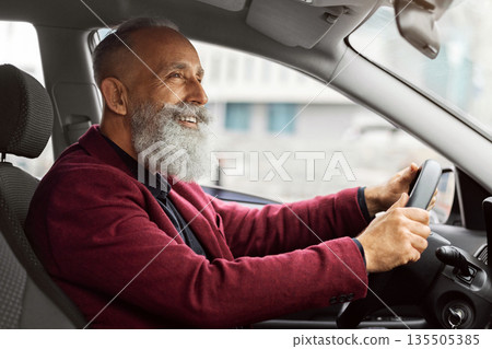 Joyful elderly grey-haired man with long beard driving new car, looking at the road and smiling, traveling alone or going to office, senior businessman going to business meeting by his auto 135505385